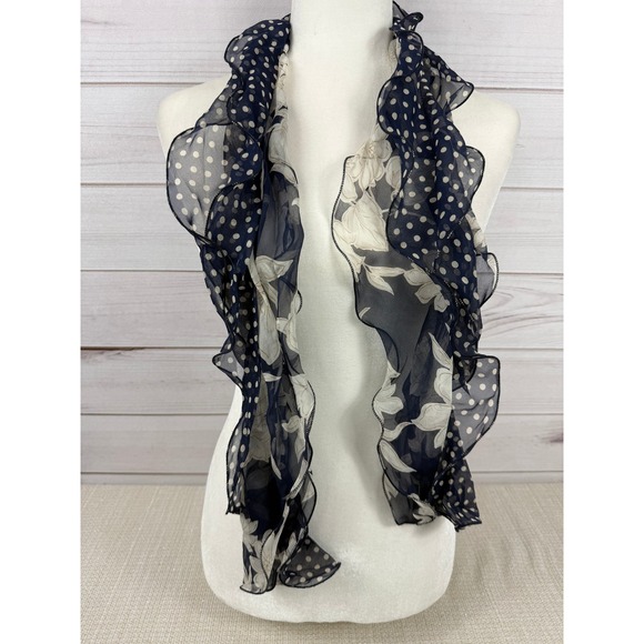 Navy Polka Dot Floral Print Ruffle Scarf Elegant Sheer Lightweight Women - Picture 1 of 3